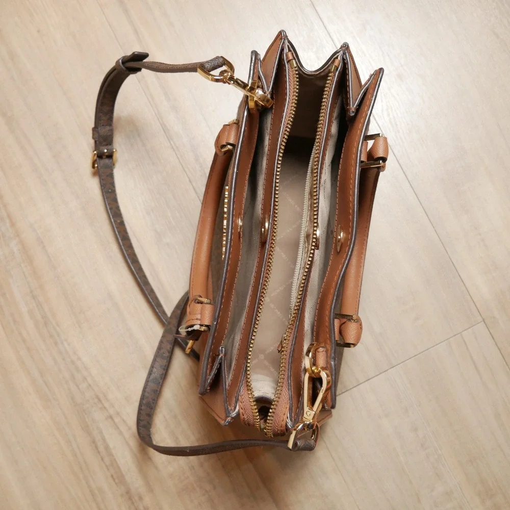 Michael Kors Hope Satchel Brown Monogram Logo Crossbody Handbag Gold Tone HW